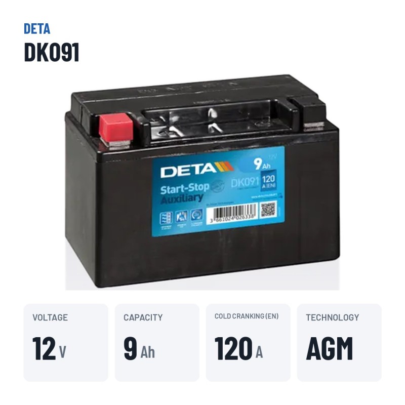 Auxiliary battery Deta DK091 12V 9Ah 120A AGM – key specs