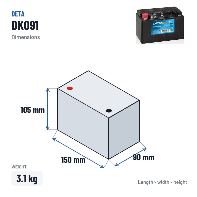 Auxiliary battery Deta DK091 12V 9Ah 120A AGM – dimensions 150 × 90 × 105 mm