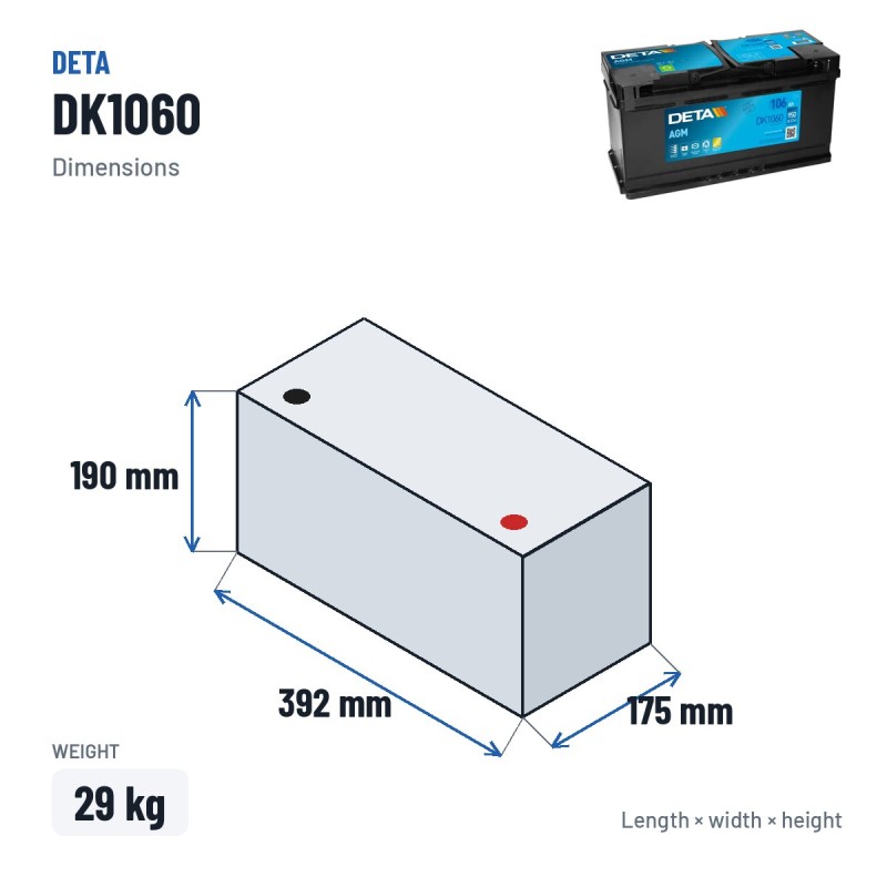 Batteria Start-Stop Deta DK1060 12V 106Ah 950A AGM – dimensioni 392 × 175 × 190 mm