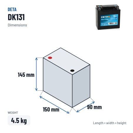 Auxiliary battery Deta DK131 12V 13Ah 200A AGM – dimensions 150 × 90 × 145 mm
