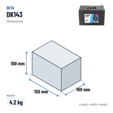 Auxiliary battery Deta DK143 12V 14Ah 80A AGM – dimensions 150 × 100 × 100 mm
