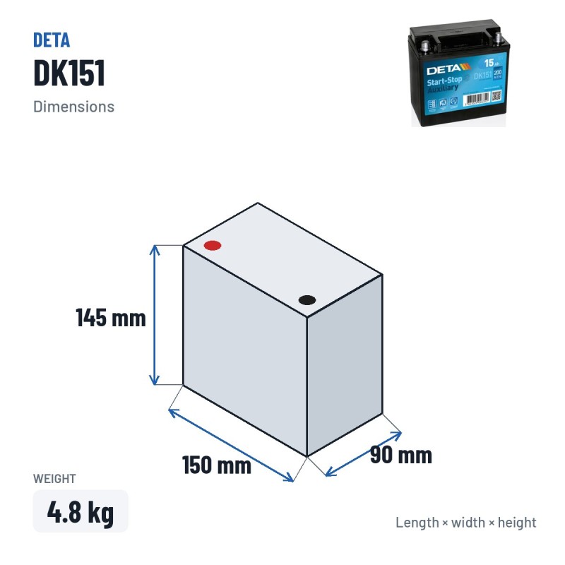 Auxiliary battery Deta DK151 12V 15Ah 200A AGM – dimensions 150 × 90 × 145 mm
