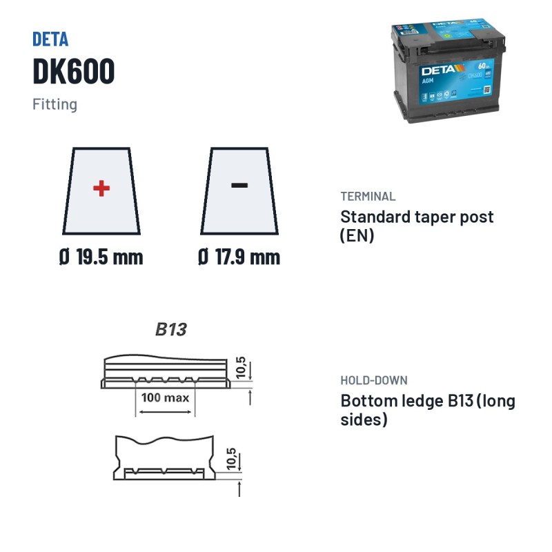 Batterie Start-Stop Deta DK600 12V 60Ah 680A AGM | baterias.com