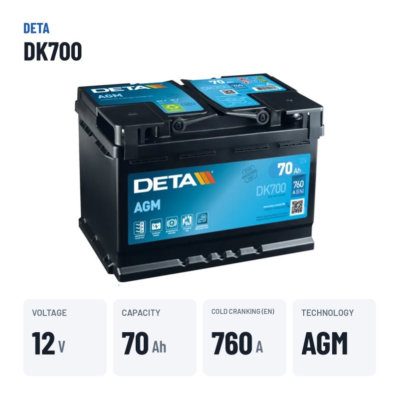 Bateria Start-Stop Deta DK700 12V 70Ah 760A AGM – dados principais