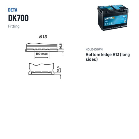 Bateria Start-Stop Deta DK700 12V 70Ah 760A AGM – terminal e fixação