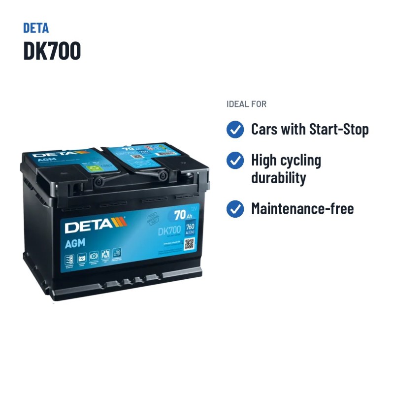 Bateria Start-Stop Deta DK700 12V 70Ah 760A AGM – utilizações recomendadas