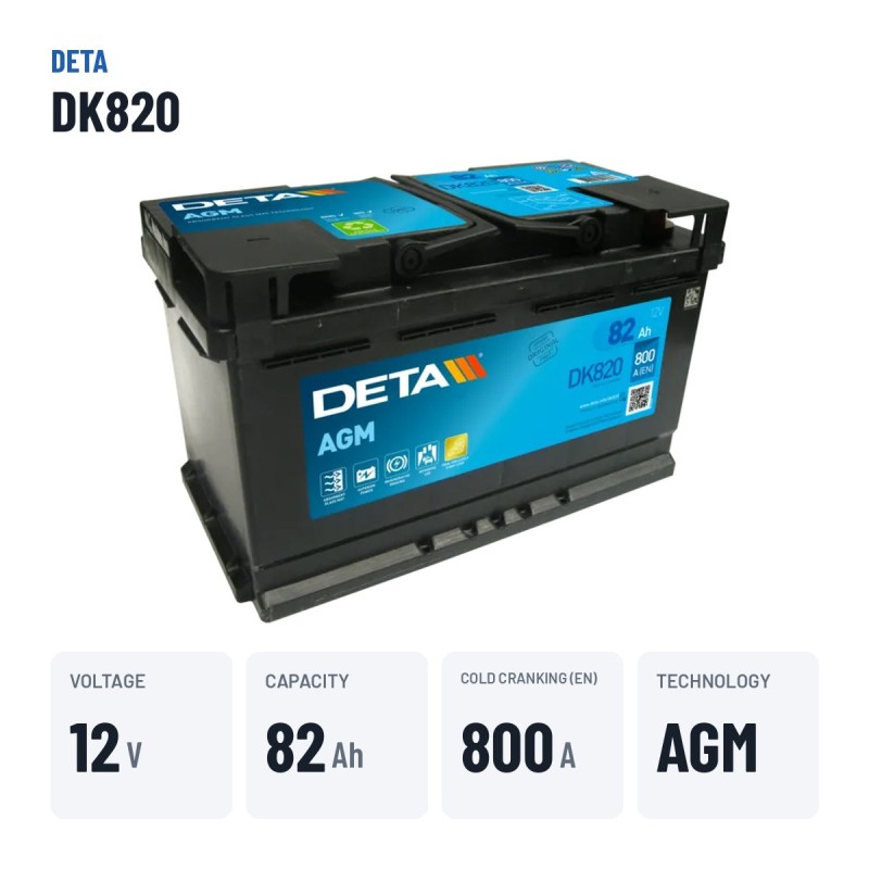 Batterie Start-Stop Deta DK820 12V 82Ah 800A AGM – caractéristiques clés