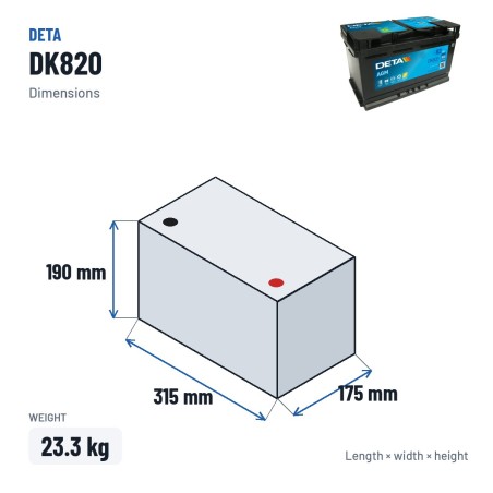 Batería Start-Stop Deta DK820 12V 82Ah 800A AGM – medidas 315 × 175 × 190 mm