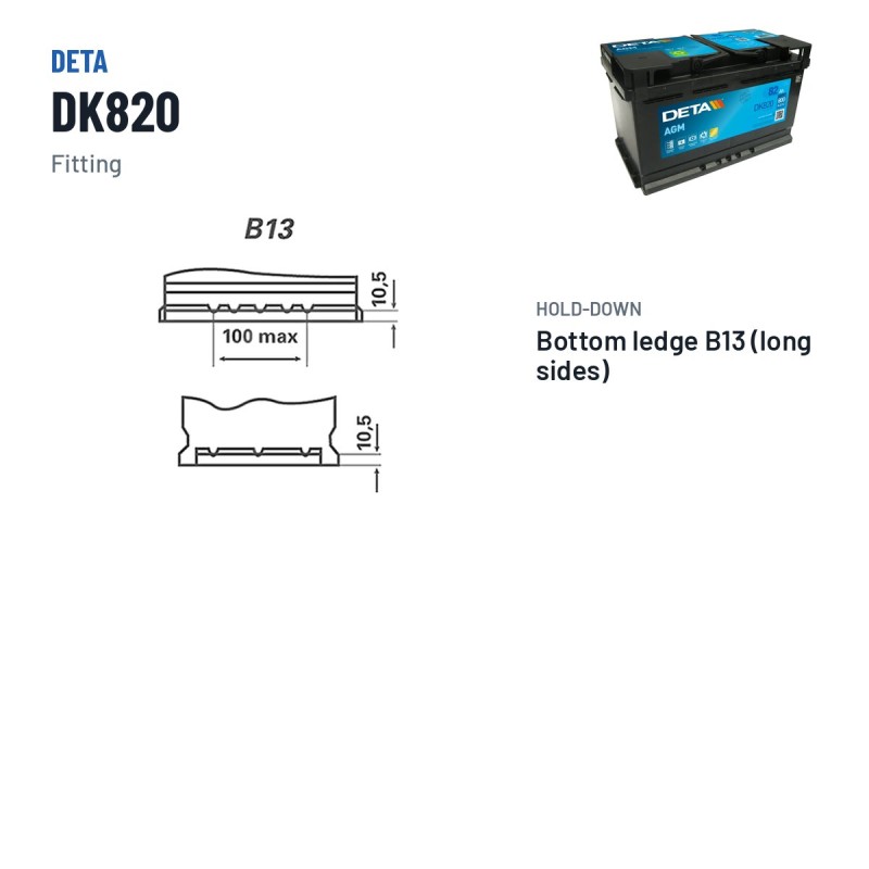 Batterie Start-Stop Deta DK820 12V 82Ah 800A AGM – bornes et fixation