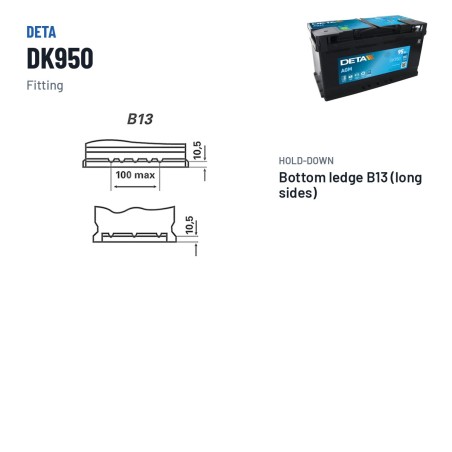 Start-Stop battery Deta DK950 12V 95Ah 850A AGM – terminal and hold-down