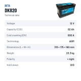 Start-Stop battery Deta DK820 12V 82Ah 800A AGM – technical data