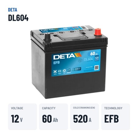 Batteria Start-Stop Deta DL604 12V 60Ah 520A EFB – dati principali