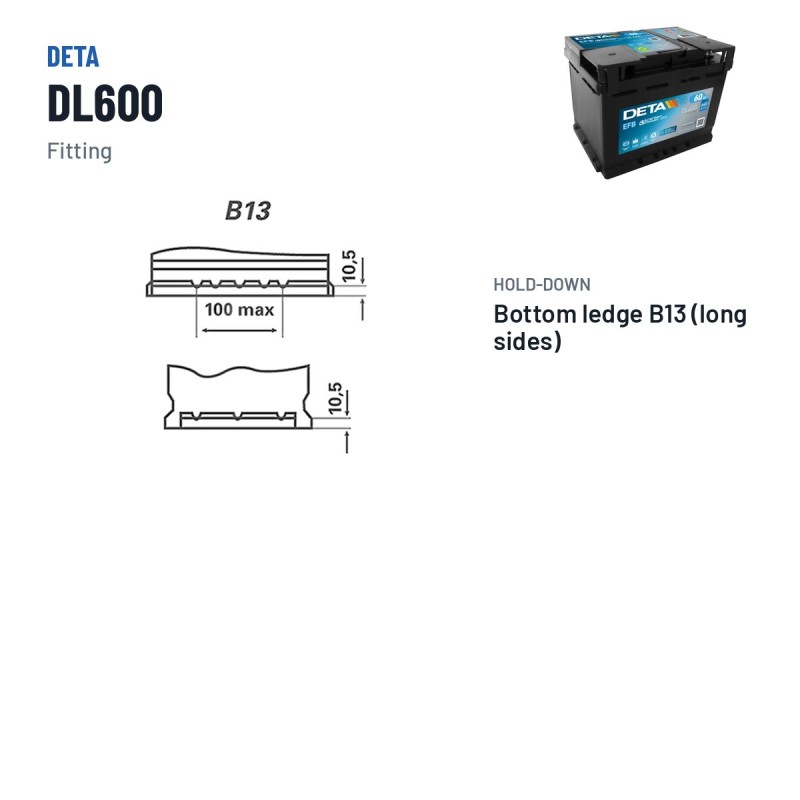 Start-Stop battery Deta DL600 12V 60Ah 640A EFB – terminal and hold-down