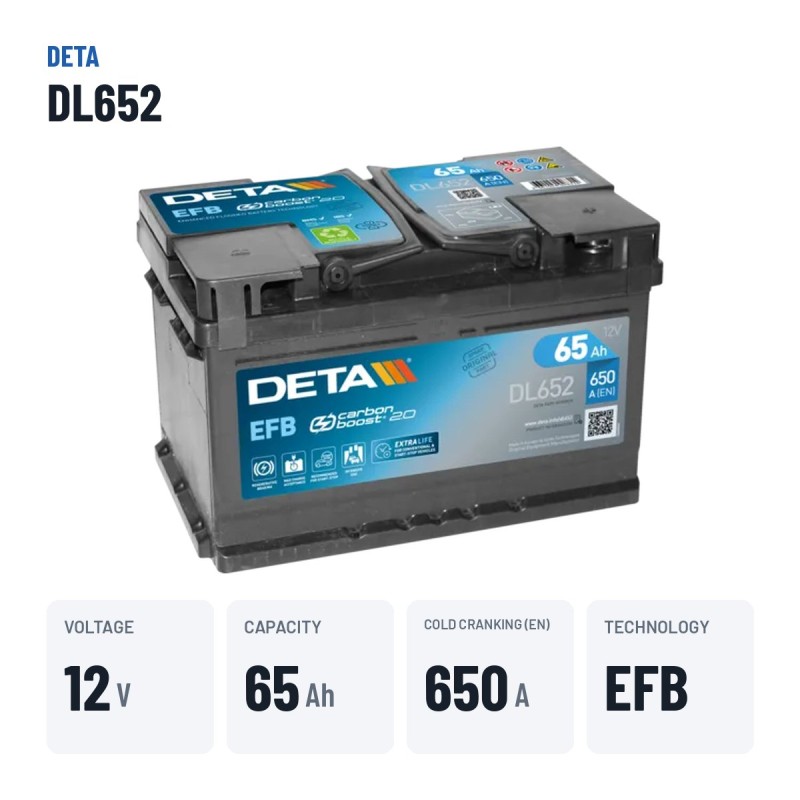 Batería Start-Stop Deta DL652 12V 65Ah 650A EFB – datos clave