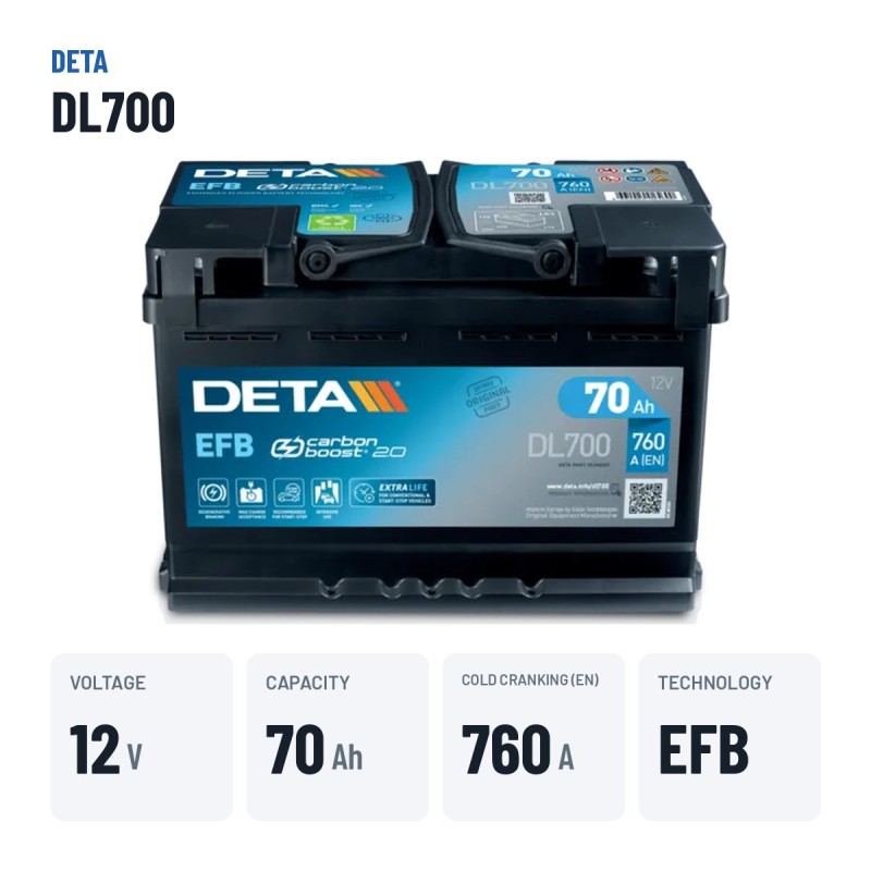 Start-Stopp-Batterie Deta DL700 12V 70Ah 760A EFB – wichtigste Daten