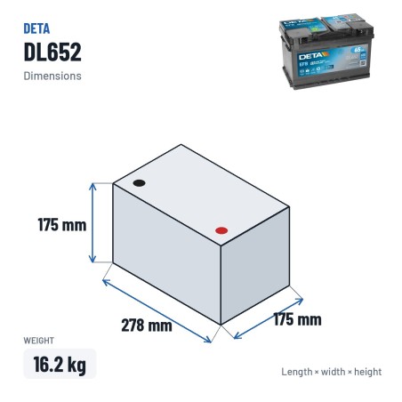 Batería Start-Stop Deta DL652 12V 65Ah 650A EFB – medidas 278 × 175 × 175 mm