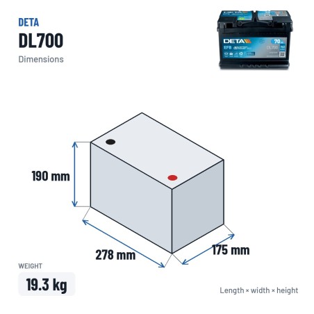 Bateria Start-Stop Deta DL700 12V 70Ah 760A EFB – medidas 278 × 175 × 190 mm