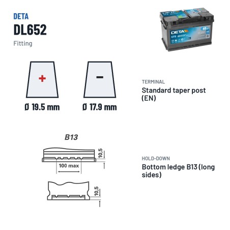 Batería Start-Stop Deta DL652 12V 65Ah 650A EFB – borne y sujeción