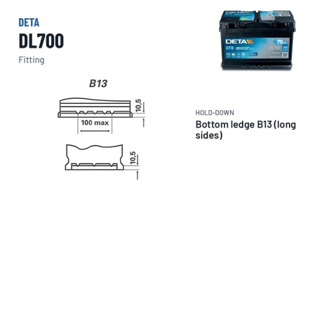 Bateria Start-Stop Deta DL700 12V 70Ah 760A EFB – terminal e fixação