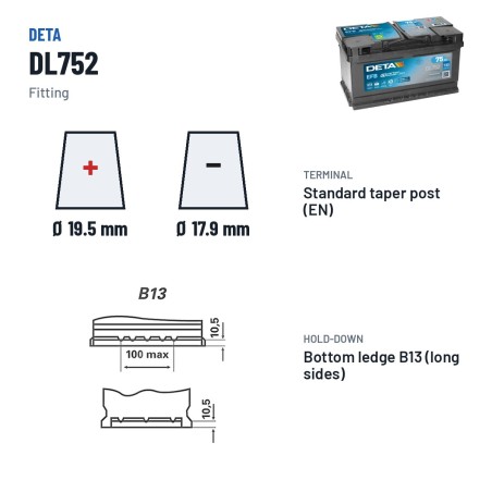 Batería Start-Stop Deta DL752 12V 75Ah 730A EFB | baterias.com