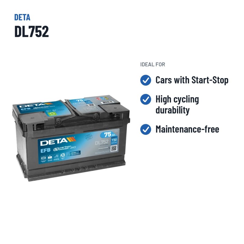 Batería Start-Stop Deta DL752 12V 75Ah 730A EFB | baterias.com