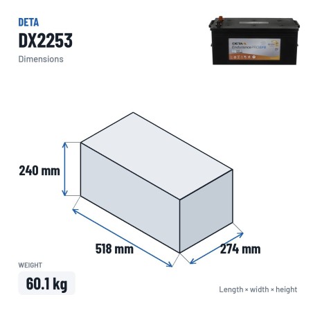 Bateria de camião Deta DX2253 12V 225Ah 1150A EFB – medidas 518 × 274 × 240 mm