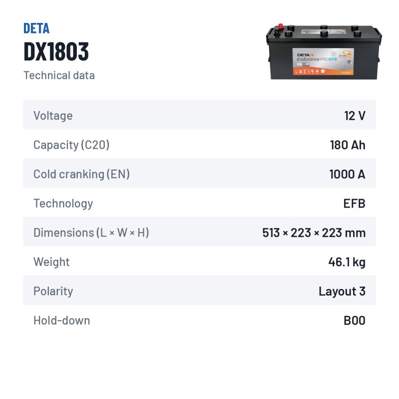 Truck battery Deta DX1803 12V 180Ah 1000A EFB – technical data