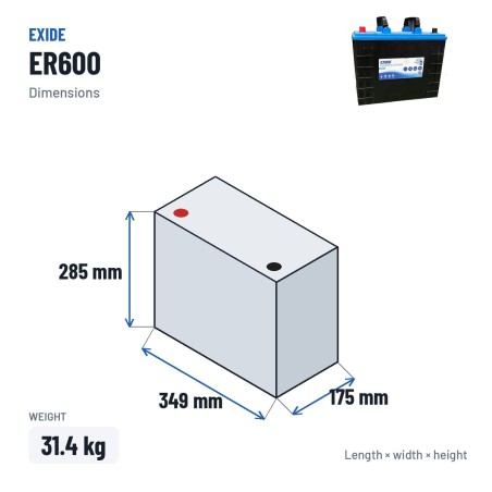 Bateria náutica Exide ER600 12V 120Ah 800A – medidas 349 × 175 × 285 mm