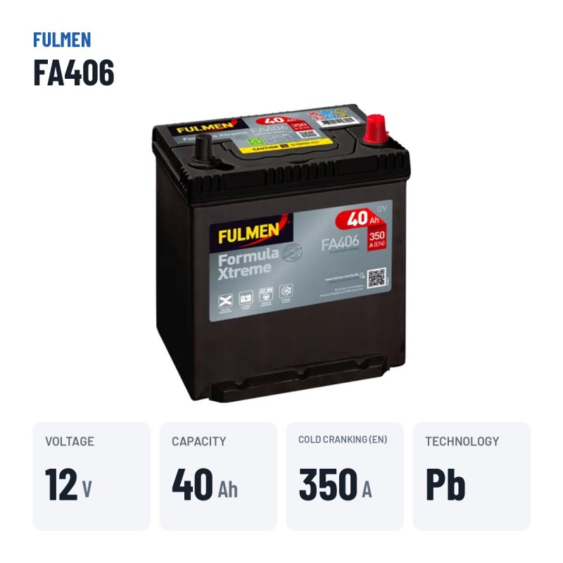 Batterie voiture Fulmen FA406 12V 40Ah 350A – caractéristiques clés