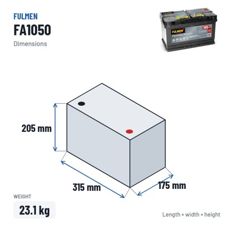 Batería de coche Fulmen FA1050 12V 105Ah 850A – medidas 315 × 175 × 205 mm