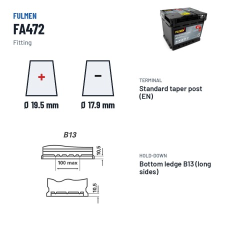 Batería de coche Fulmen FA472 12V 47Ah 450A – borne y sujeción