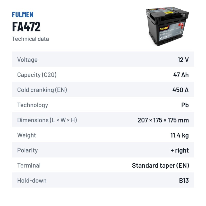 Batería de coche Fulmen FA472 12V 47Ah 450A – ficha técnica