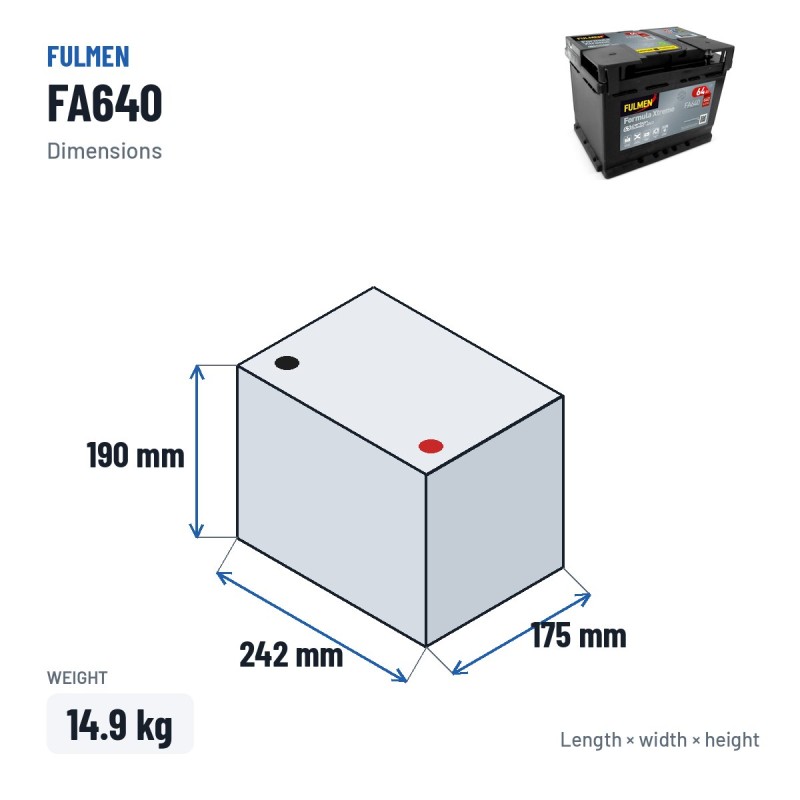 Bateria de carro Fulmen FA640 12V 64Ah 640A – medidas 242 × 175 × 190 mm