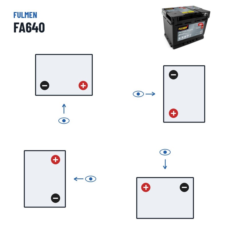Batterie voiture Fulmen FA640 12V 64Ah 640A – polarité (schéma 0, + à droite)