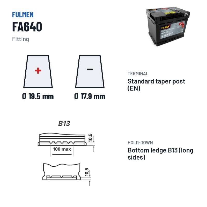 Bateria de carro Fulmen FA640 12V 64Ah 640A – terminal e fixação