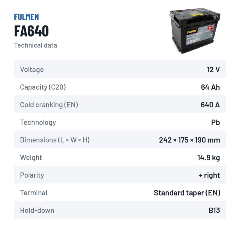 Bateria de carro Fulmen FA640 12V 64Ah 640A – ficha técnica