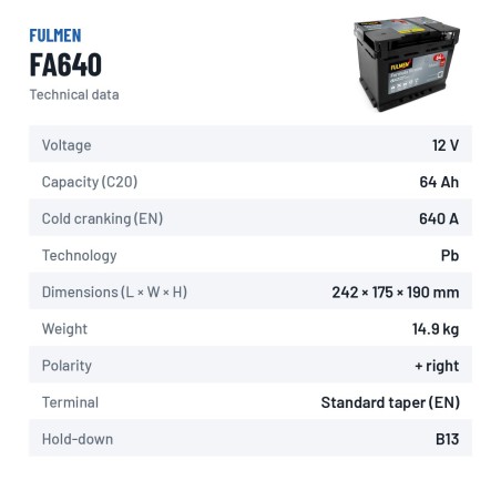 Batterie voiture Fulmen FA640 12V 64Ah 640A – fiche technique