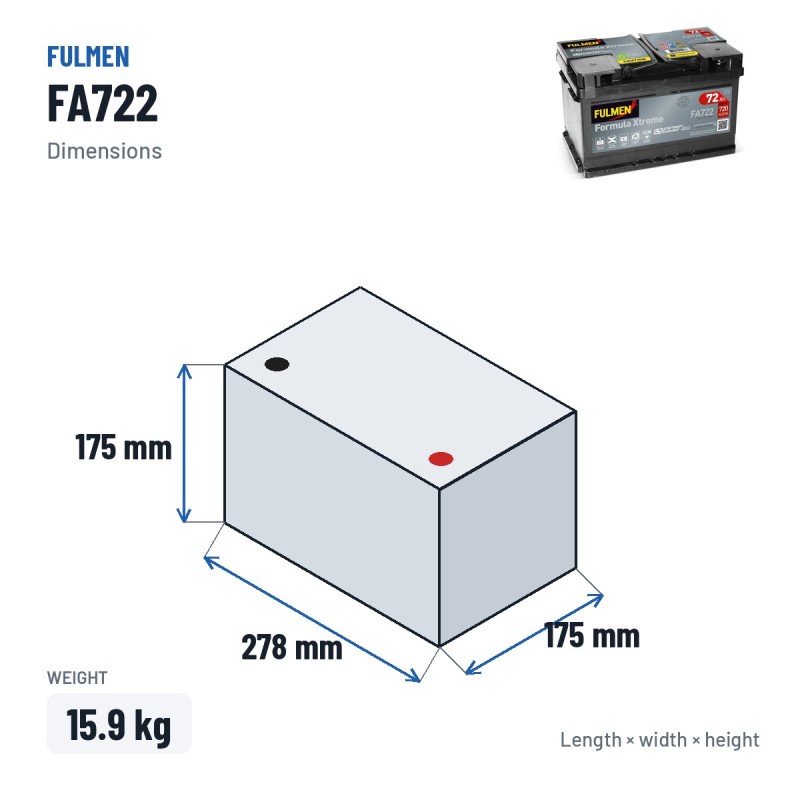Batteria auto Fulmen FA722 12V 72Ah 720A – dimensioni 278 × 175 × 175 mm