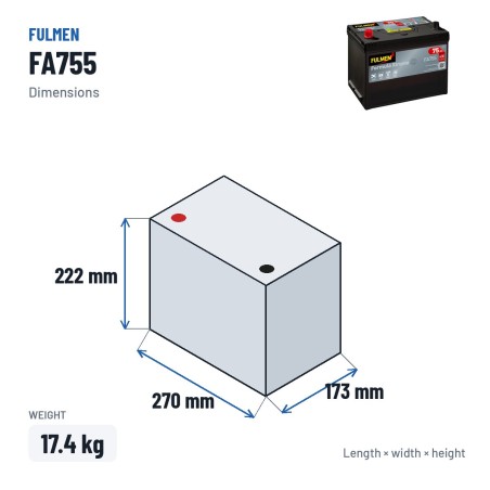 Batteria auto Fulmen FA755 12V 75Ah 630A – dimensioni 270 × 173 × 222 mm
