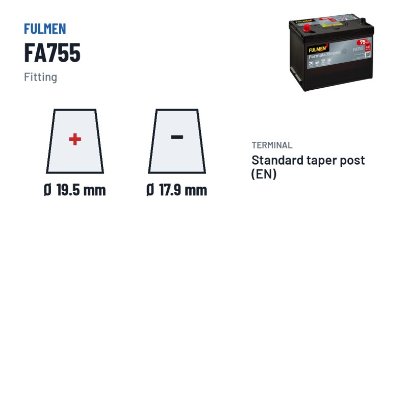 Batteria auto Fulmen FA755 12V 75Ah 630A – terminali e fissaggio