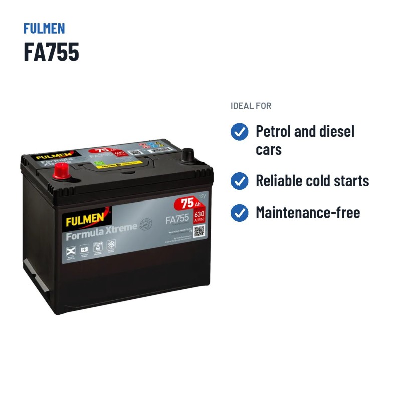 Batterie voiture Fulmen FA755 12V 75Ah 630A – utilisations recommandées