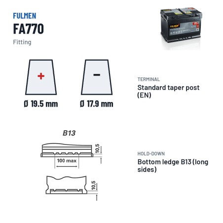 Car battery Fulmen FA770 12V 77Ah 760A – terminal and hold-down