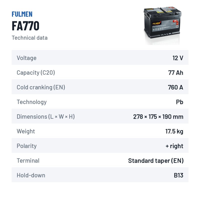 Car battery Fulmen FA770 12V 77Ah 760A – technical data