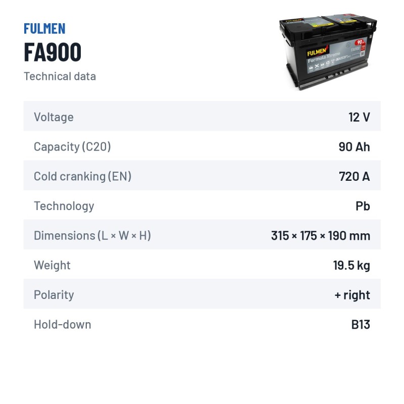 Autobatterie Fulmen FA900 12V 90Ah 720A – technische Daten
