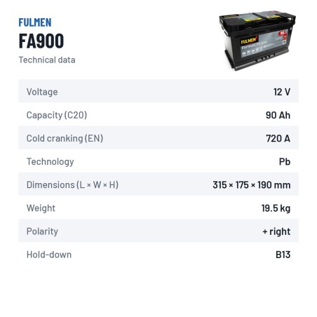Autobatterie Fulmen FA900 12V 90Ah 720A – technische Daten