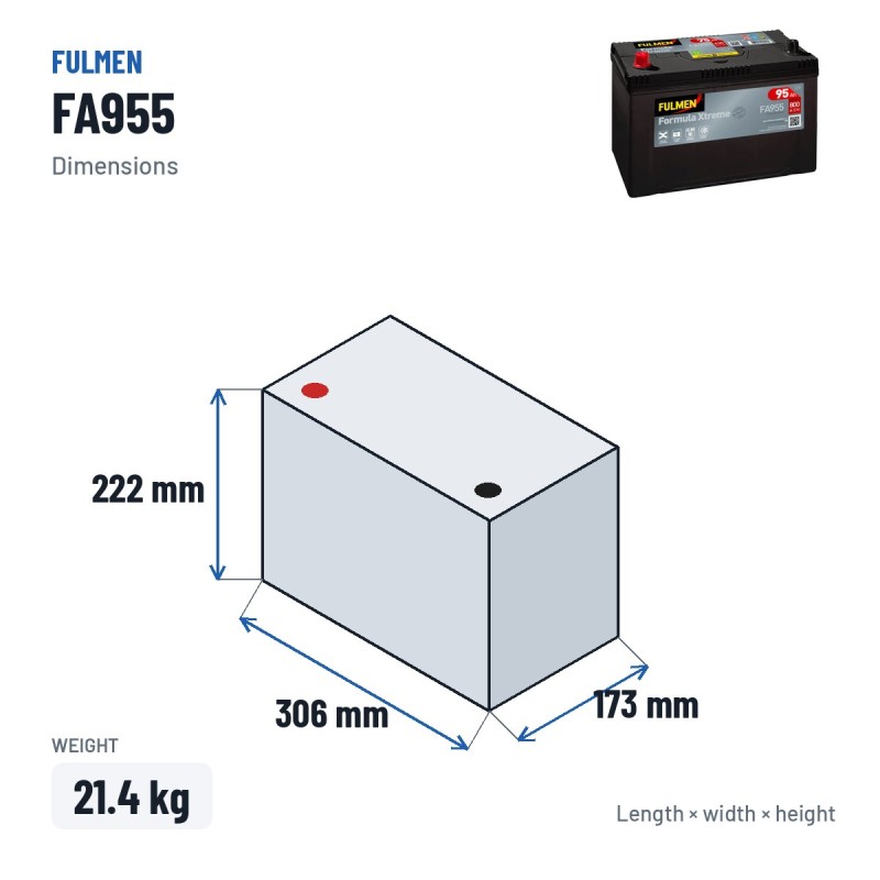 Autobatterie Fulmen FA955 12V 95Ah 800A – Abmessungen 306 × 173 × 222 mm