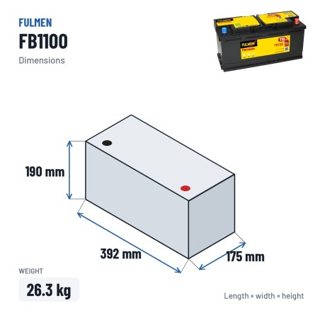 Batterie voiture Fulmen FB1100 12V 110Ah 850A – dimensions 392 × 175 × 190 mm