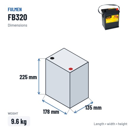 Batteria auto Fulmen FB320 12V 32Ah 270A – dimensioni 178 × 135 × 225 mm