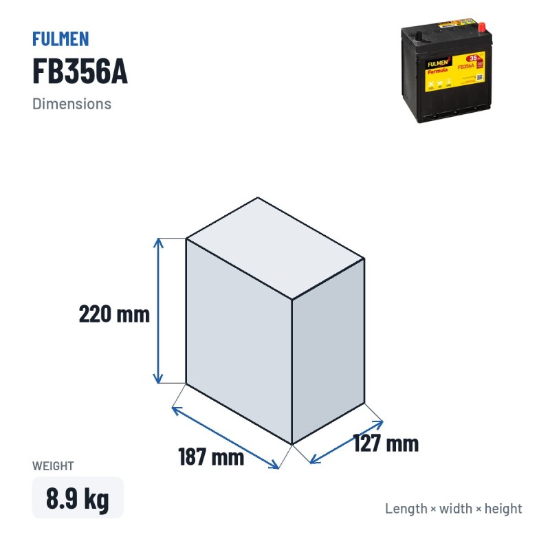 Bateria de carro Fulmen FB356A 12V 35Ah 240A – medidas 187 × 127 × 220 mm