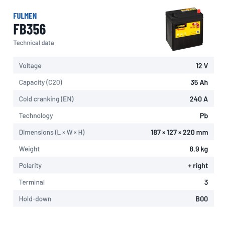 Batterie voiture Fulmen FB356 12V 35Ah 240A – fiche technique
